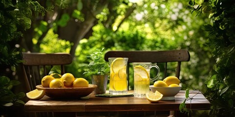 A Refreshing Summer Setting: Lemonade Oasis in Nature's Embrace  Generative AI Digital Illustration Part#080623 