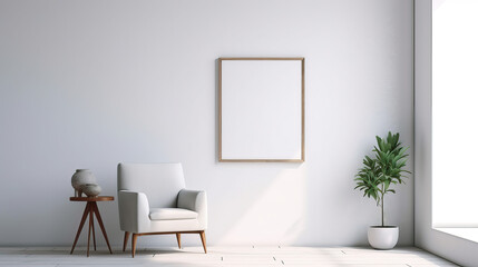 Minimalistisch eingerichtetes Zimmer mit Interieur aus einem Stuhl, Beistelltisch, Pflanze und einem leerem Bilderrahmen an der Wand als Template (Rahmenvorlage) für Poster, Gemälde etc. (Gen. AI)