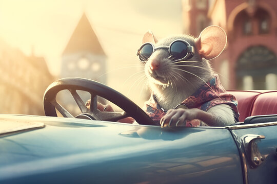 Mouse in sunglasses is driving open car AI generative