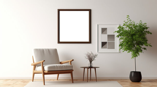 Minimalistisch eingerichtetes Zimmer mit Interieur aus einem Stuhl, Beistelltisch, Pflanze und einem leerem Bilderrahmen an der Wand als Template (Rahmenvorlage) f&uuml;r Poster, Gem&auml;lde etc. (Gen. AI)