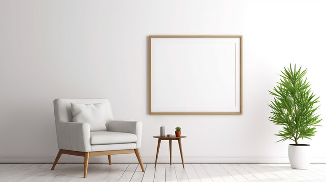 Minimalistisch eingerichtetes Zimmer mit Interieur aus einem Stuhl, Beistelltisch, Pflanze und einem leerem Bilderrahmen an der Wand als Template (Rahmenvorlage) f&uuml;r Poster, Gem&auml;lde etc. (Gen. AI)