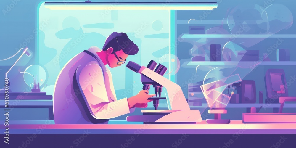 Poster scientist working with microscope in laboratory. illustration in flat style