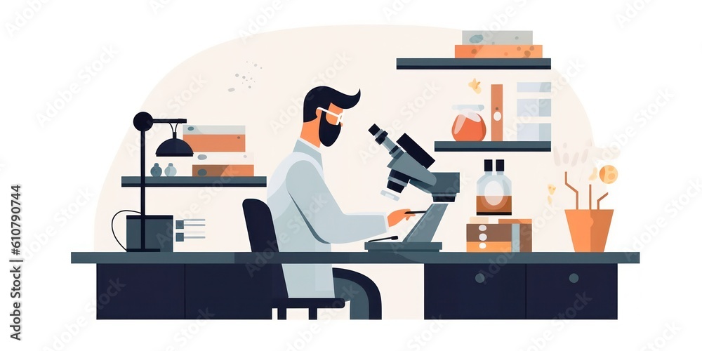 Poster scientist looking through microscope in laboratory. medical research and development concept
