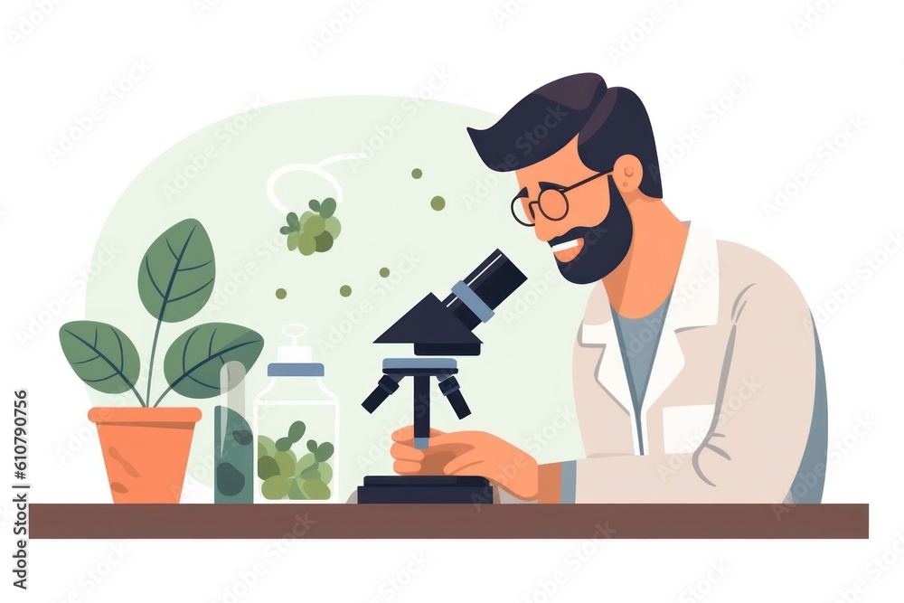 Poster Scientist working with microscope in lab. illustration in flat style, white colors