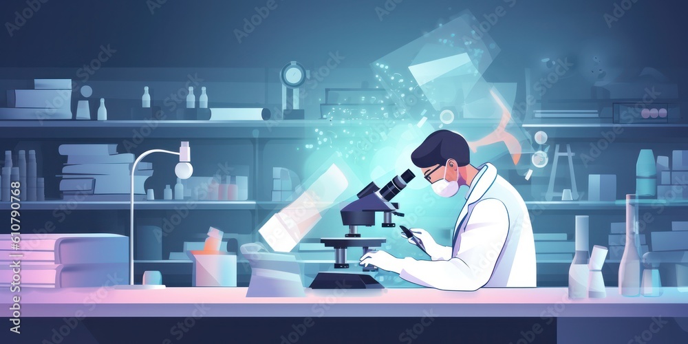 Poster scientist working with microscope in laboratory.lab medical,