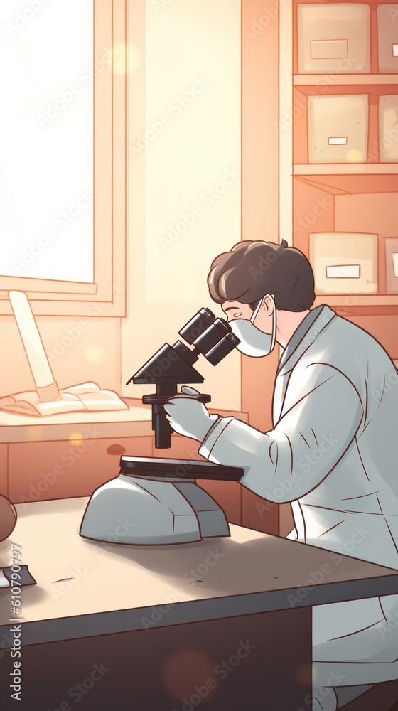 Poster Illustration of a scientist looking through a microscope in a laboratory. vertical,