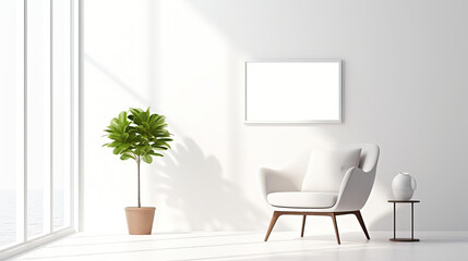 Minimalistisch eingerichtetes Zimmer mit Interieur aus einem Stuhl, Beistelltisch, Pflanze, Vase und leerem Bilderrahmen an der Wand als Template (Rahmenvorlage) für Poster, Gemälde etc. (Gen. AI)