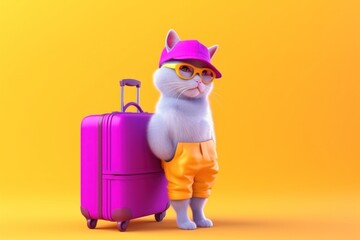 cat in sunglasses in a pink hat and beach clothing.pink suitcase on a yellow background. illustration. generated by AI