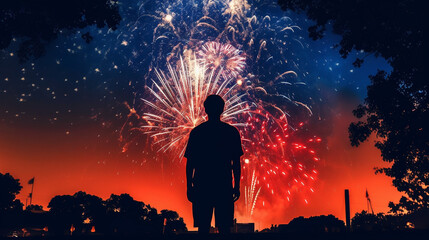 Silhouette of a Person Watching a Beautiful Fireworks Show in the Distance - American Holiday Celebration Theme - 4th of July or New Years Eve - Patriotic Red, White, and Blue - Generative AI