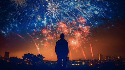 Fototapeta na wymiar Silhouette of a Person Watching a Beautiful Fireworks Show in the Distance - American Holiday Celebration Theme - 4th of July or New Years Eve - Patriotic Red, White, and Blue - Generative AI