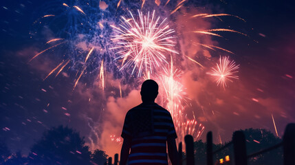 Silhouette of a Person Watching a Beautiful Fireworks Show in the Distance - American Holiday Celebration Theme - 4th of July or New Years Eve - Patriotic Red, White, and Blue - Generative AI