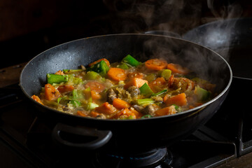 Cooking vegan vegetable stew. Rice with different vegetables - leek, mushrooms, potatoes seasoned with curry seasoning.