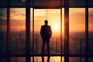 Fototapeta na wymiar Person standing in front of a large glass window, looking out at the city skyline, representing the idea of of clear vision and a long-term perspective in achieving business success. Generative AI