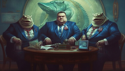 Portraits of three fat politicians in formal suits at the table are broadcasting about domination and world news. Generative AI.