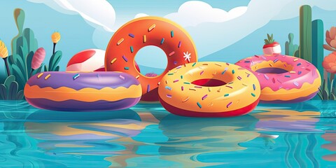 Colorful Inflatable Pool Floats in a Playful Scene, Whimsical Digital Illustration  Generative AI Digital Illustration Part#080623 