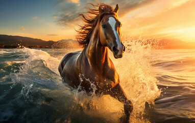 A vibrant and spirited horse dashes across the sandy beach, leaving behind a trail of water droplets from the crashing waves. Generative AI
