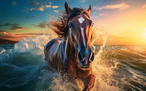 Behold The Sight Of A Stunning Horse In Full Motion, Gracefully Maneuvering The Beach While Waves Crash And Create Splashes In Its Wake.  Generative AI