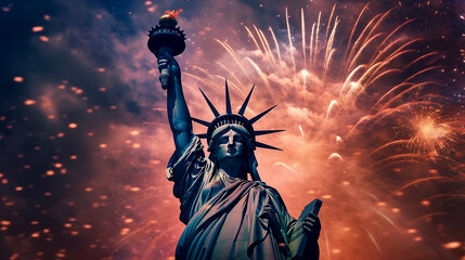 Fototapeta premium Statue of Liberty in New York City with Fireworks Bursting in the Sky - 4th of July or New Years Eve Holiday Celebration Concept - Generative AI