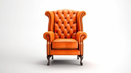On a white background, an antique armchair with orange leather is isolated. digital representation Generative AI