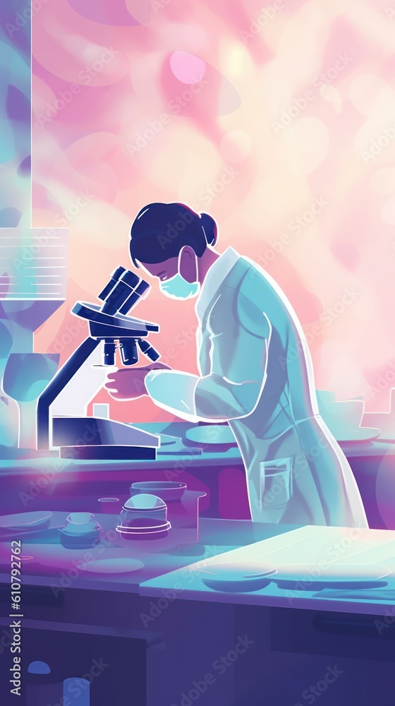 Poster illustration of scientist working in laboratory with microscope and test tubes. vertical.