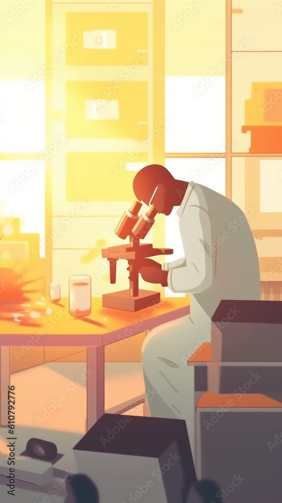 Aufkleber Scientist working with microscope in laboratory. with sunset light from window, vertical,