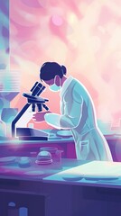 illustration of scientist working in laboratory with microscope and test tubes. vertical.