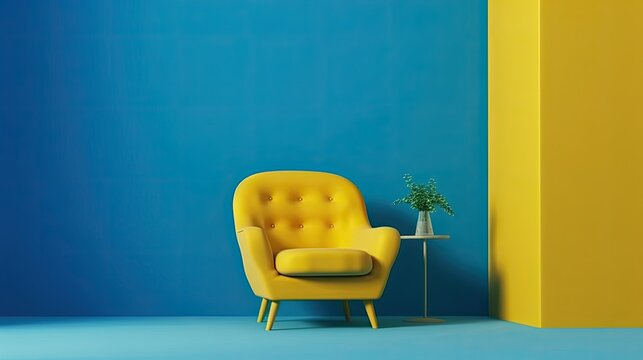 A bright yellow armchair is situated in a blue room that is unoccupied and has a blue floor. the minimalist idea. a mockup Generative AI