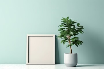 Mockup setting for a poster frame in a simple, monochromatic shade of green with a solitary plant and a solitary square frame. With a copy space and a green background, the frame Generative AI