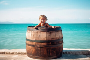 Fototapeta premium A little boy sitting in a wooden barrel by the ocean created with Generative AI technology