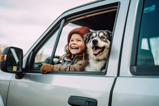 A child and a dog are looking out the window of a truck created with Generative AI technology