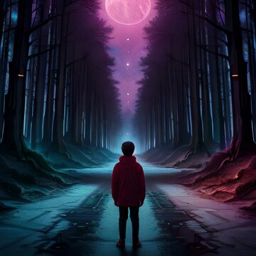 Stranger things, boy watching in the glow generated by AI