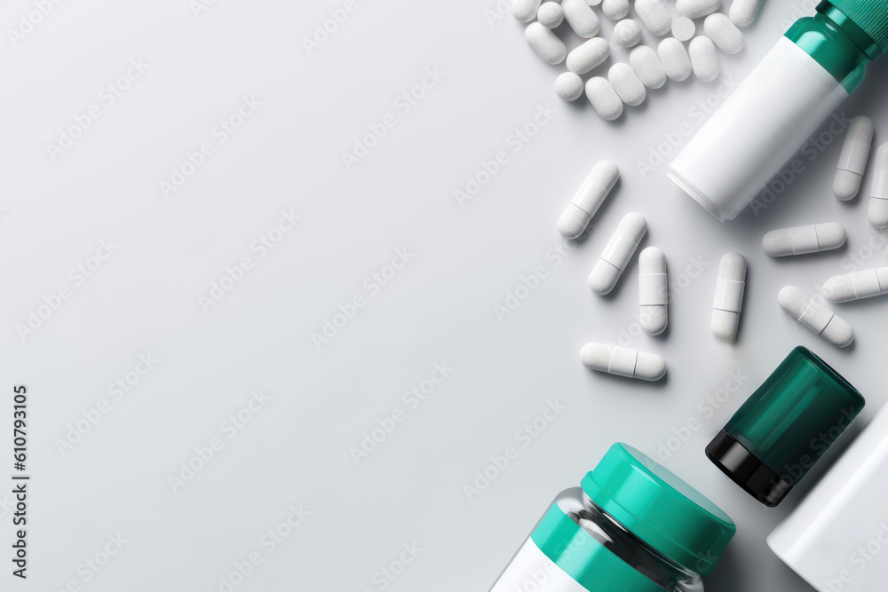 Poster white pills and capsules and pills jar bottle with copy space on green background. flat lay.