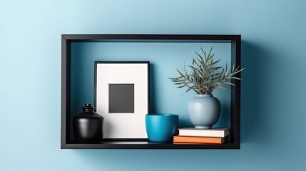 A blue shelf has a black picture frame leaning on it. template for a blank mockup Background in a square Generative AI