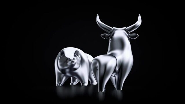 A Bull versus a Bear. Artistic metallic figurines of a bull and a bear are standing opposite of the each other on a black reflective background. 3D rendering cyclic «seamless» turntable animation.