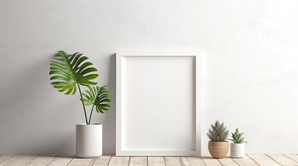White interior poster mock-up against a background of a white wood wall with an empty frame and a plant in a vase. Generative AI