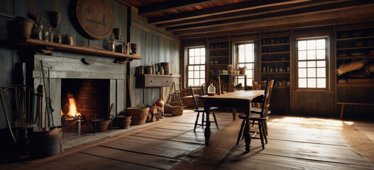 Inside a 1700s, early 1800s, colonial or pre electric age old wood cabin or house with fireplace.  Room with tools, various containers, and a table. rustic feel. Hand edited generative AI.  - obrazy, fototapety, plakaty