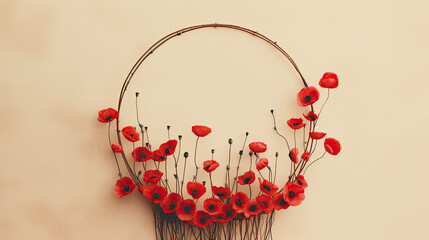 Advertising shot of a wooden hoop of poppies decorated with red flowers on a light orange background