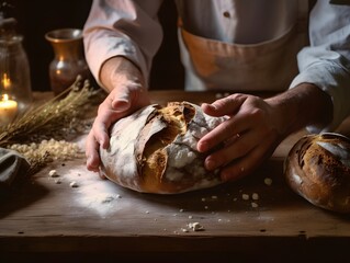 A chef's hand cradling a hot loaf of bread. Generative AI