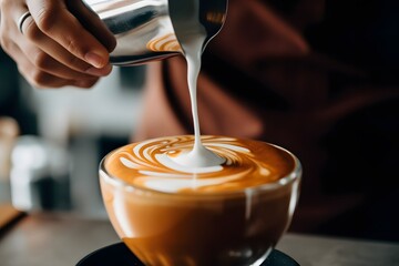 A close-up of a barista's hands pouring latte art. Generative AI