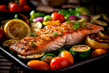 Grilles salmon fish with vegetables and spices  - obrazy, fototapety, plakaty