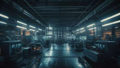 Fototapeta premium Modern industrial plant illuminates futuristic architecture with bright blue lighting generated by AI