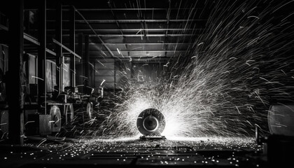 Metal workers pour molten steel in bright steel mill workshop generated by AI