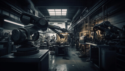 Naklejka na ściany i meble Metal industry workshop with modern machinery and robotic arms generated by AI