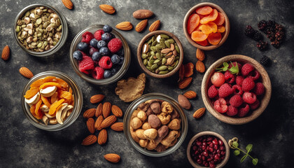 Obraz na płótnie Canvas Organic fruit bowl with almond granola, raspberry and blueberry variation generated by AI