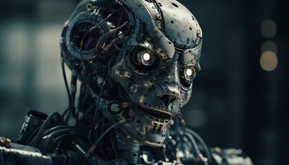 Obraz na płótnie Canvas Spooky cyborg portrait futuristic machinery and metallic robotic arm generated by AI