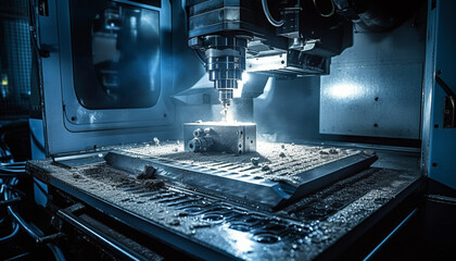 Fototapeta premium Metal industry workshop precision machinery, automated production line, robotic arm generated by AI