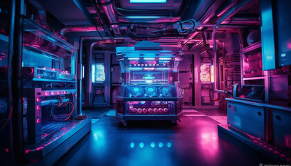 Futuristic machinery illuminates the modern nightclub with blue lighting equipment generated by AI