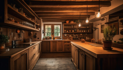 Modern rustic kitchen design with elegant hardwood flooring and lighting generated by AI