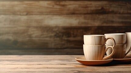 Mug and cup stack on a wooden table. Background: beige and khaki Generative AI
