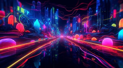 Neon lights glowing in the darkness, creating abstract atmosphere. AI generated